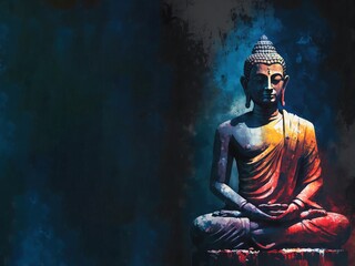 Fototapeta na wymiar Illustration abstract banner of Mahavira statue over dark background with copy space. Generative AI illustration