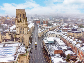 A drone view of Bristol, England, in the snow