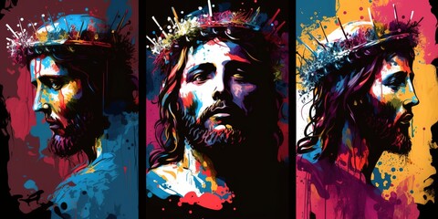 Triptych of Jesus Christ with crown of thorns. Colorful sketch abstract art painting. Generative AI illustration