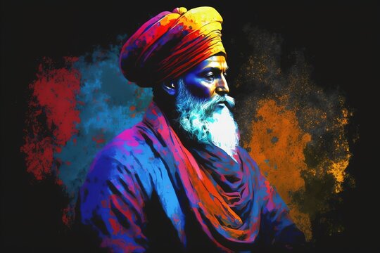 Abstract colorful painting of Guru Nanak. Generative AI illustration