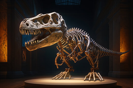 T-Rex Dinosaur skeleton displayed at a nighttime paleontology museum with volumetric lights, Generative AI