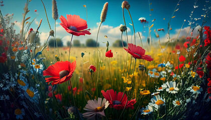 Spring or summer close-up floral field, copy space. Generative AI illustration