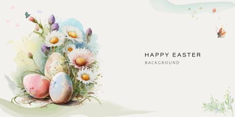 
Abstract watercolor vector background. Beautiful Easter eggs on the spring lawn.
 Luxury cover design with text, floral theme and brush style.
  floral art for  websites and prints.