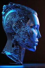 A profile of a blue wire mesh high tech face. Generative AI.