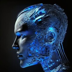 Obraz premium A profile of a blue wire mesh high tech face. Generative AI.