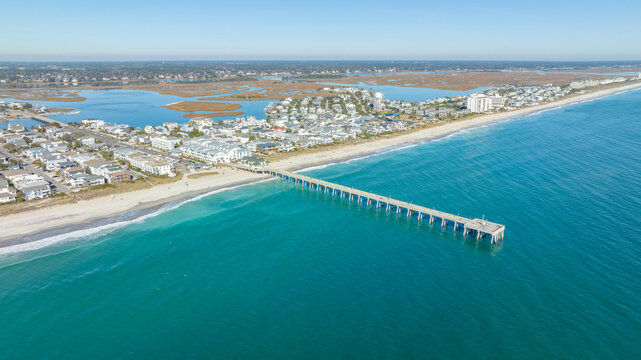 Aerial view of  a pier in Wrightsville Beach, North Carolina.