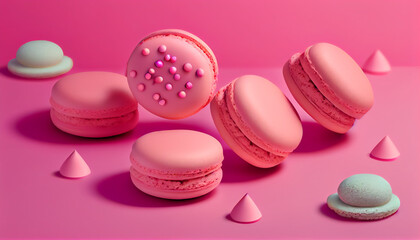 Obraz premium Pink floating macaroons, plain sprinkled background. Generative AI illustration