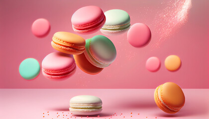 Obraz premium Pink floating macaroons, plain sprinkled background. Generative AI illustration