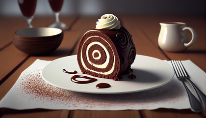 Delicious and chocolate sweet roll cake on a plate. Generative AI.