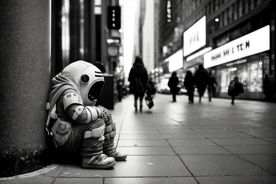 A homeless astronaut in the streets of a futuristic city - generative ai