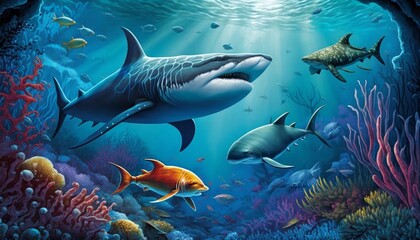Obraz na płótnie Canvas Tropical Fish and Shark Scene