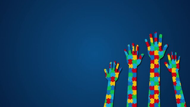 Manos de ni&ntilde;os en forma de rompecabezas en fondo azul, cargado a la derecha. 