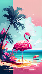 Pink flamingo on a summer beach, tropical artwork. Generative AI illustration