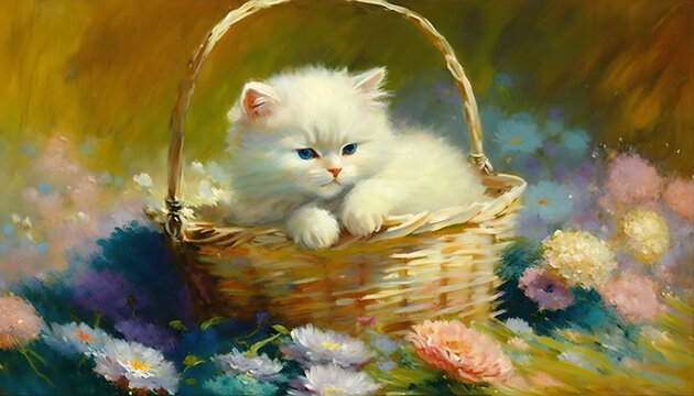 A fluffy white kitten in a Spring basket surrounded by colorful wildflowers 