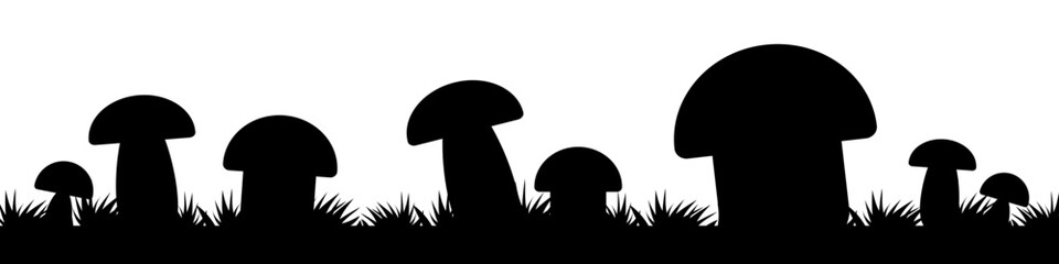 Mushrooms with grass horizontal illustration.  Mushrooms black silhouette. Vector EPS 10