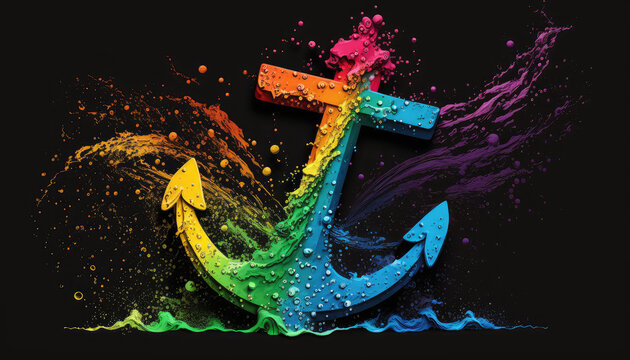 K&uuml;nstlerisch abstrakter Anker mit den Farben der Regenbogenflagge der LGBT-Bewegung (Lesbian, Gay, Bisexual and Transgender) in Neon. (Generative AI)