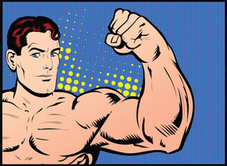 Workout Man. Muscles biceps bodybuilder bodybuilding flexing strong muscular. Vector pop art naked male character with bare chest, great muscles shows his biceps. Retro Comic book cartoon Pop Art  - obrazy, fototapety, plakaty
