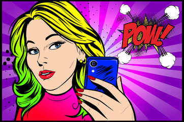 Happy woman making selfie portrait and showing v-sign. Lady doing selfie by smart phone standing on yellow background. Retro Comic Book style cartoon, Classic Pop Art colored drawing, vintage vector 