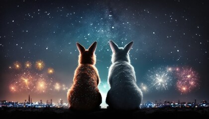 Two cute rabbits gaze at the colorful fireworks lighting up the sky in wonder and amazement. Generative AI