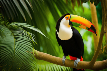Toco toucan in the reserve of exotic tropical birds. Generative AI - obrazy, fototapety, plakaty