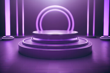 Empty purple podium floating in the air with purple neon rings on background and hologram of digital rings on a floor. Generative AI