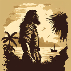 Robinson Crusoe silhouette portrait vector flat design illustration Generative Ai
