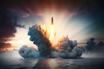 The launch of a rocket from the water as a digital illustration (Generative AI)