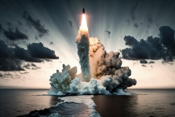 The launch of a rocket from the water as a digital illustration (Generative AI)