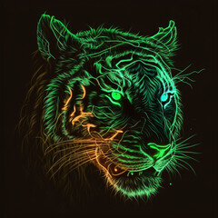 tiger face silhouette neon light portrait isolated on a black background. tiger colorful neon light isolated portrait. Generative Ai 