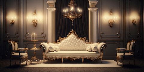 classic royal room with lights and sofa in white and gold AI-Generated - obrazy, fototapety, plakaty