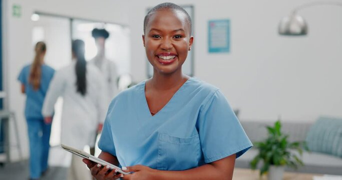 Happy woman or black doctor face in busy hospital with tablet for healthcare services, leadership and mindset. Portrait of medical professional or female nurse on telehealth app for clinic management