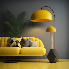 Contemporary trendy yellow living room on green Concept design. Modern sofa and Floor lamp. Trendy living room on gray wall background. AI-Generated