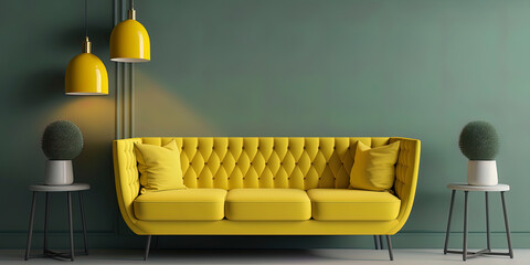Contemporary trendy yellow living room on green Concept design. Modern sofa and Floor lamp. Trendy living room on gray wall background.
