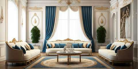 Obraz premium classic men majlis with white sofas, golden and blue marbel wall, big windows to sunny day , luxurious tv table and some vases. the floor is a huge persian carpet