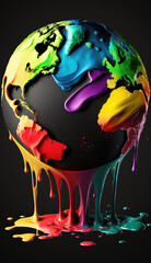 Künstlerlische Weltkugel mit Farbsrprizern aus den Farben der Regenbogenflagge der LGBT-Bewegung (Lesbian, Gay, Bisexual and Transgender) in Neon. (Generative AI)