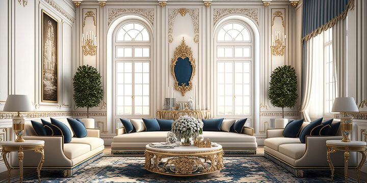 classic men majlis with white sofas, golden and blue marbel wall, big windows to sunny day , luxurious tv table and some vases. the floor is a huge persian carpet