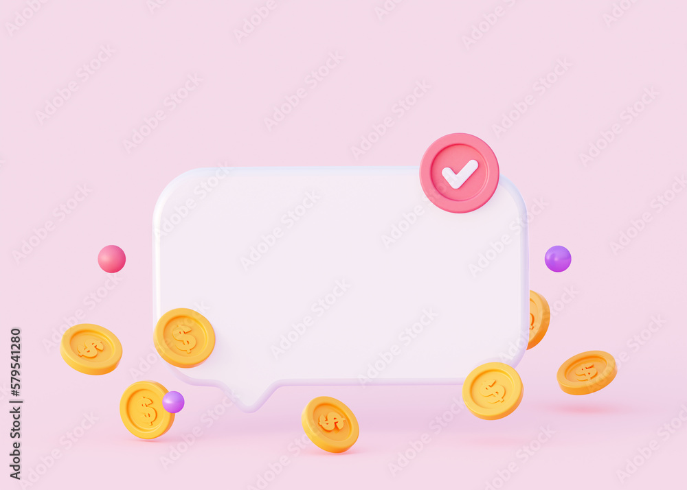 Poster 3d speech bubble for recording your text. with scattered coins on a pink background. concept of soci