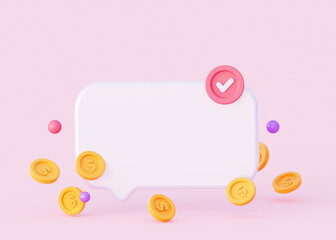 3d speech bubble for recording your text. With scattered coins on a pink background. Concept of social media messages 3d rendering