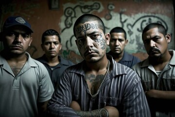 Leader and members of a street gang, the Maras, from El Salvador. Ai generated. - obrazy, fototapety, plakaty