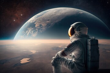 Obraz na płótnie Canvas An astronaut explores new planets, science fiction illustration. Ai generated.