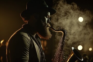 Obraz na płótnie Canvas A black man plays a saxophone one night during a concert. Ai generated.