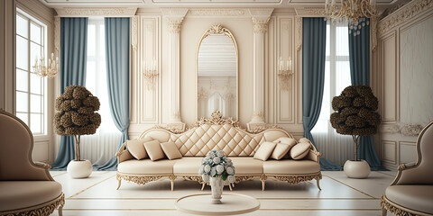 elegant beige mate huge living room minimalistic, beige floor, high gold chandelier on the roof