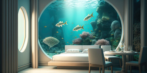 interior bedroom bed atlantis sage luxury underwater sustainable - obrazy, fototapety, plakaty