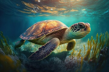 Naklejka na ściany i meble Turtle swims underwater in the sea (Generative AI)