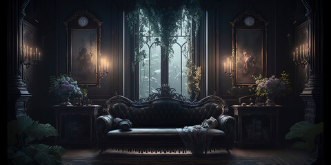 large black Victorian room with black Victorian sofa with dark flowers surrounding the room large window with dim light coming through