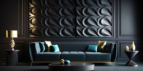 Luxury living room interior design and black texture wall pattern background,without window,modern wall and flooring