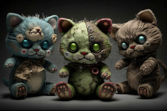 Zombie cats teddy bears, concept of Horror and toys, created with Generative AI technology