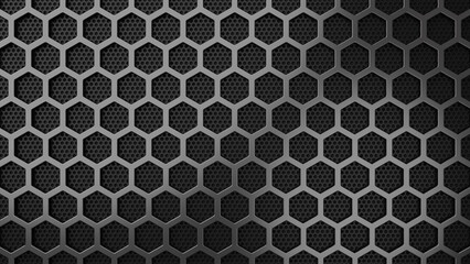 Hexagon metal grid background. Dark speaker grill pattern. 3D rendered image
