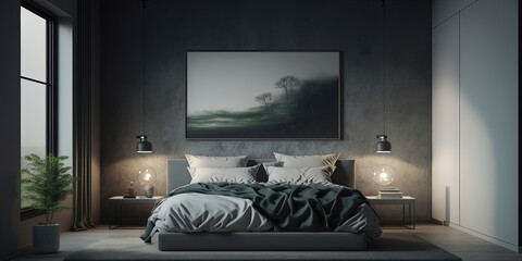 modern grey bedroom interiour with an empty big wall with painting