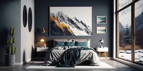 modern grey bedroom interiour with an empty big wall with painting